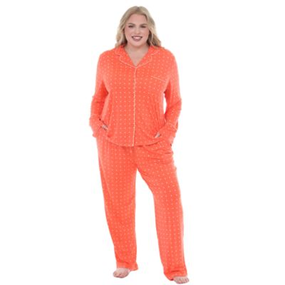 White Mark Women's Plus Size 2-Piece Polka-Dot Button-Front Pajama Set, Coral, 3XL