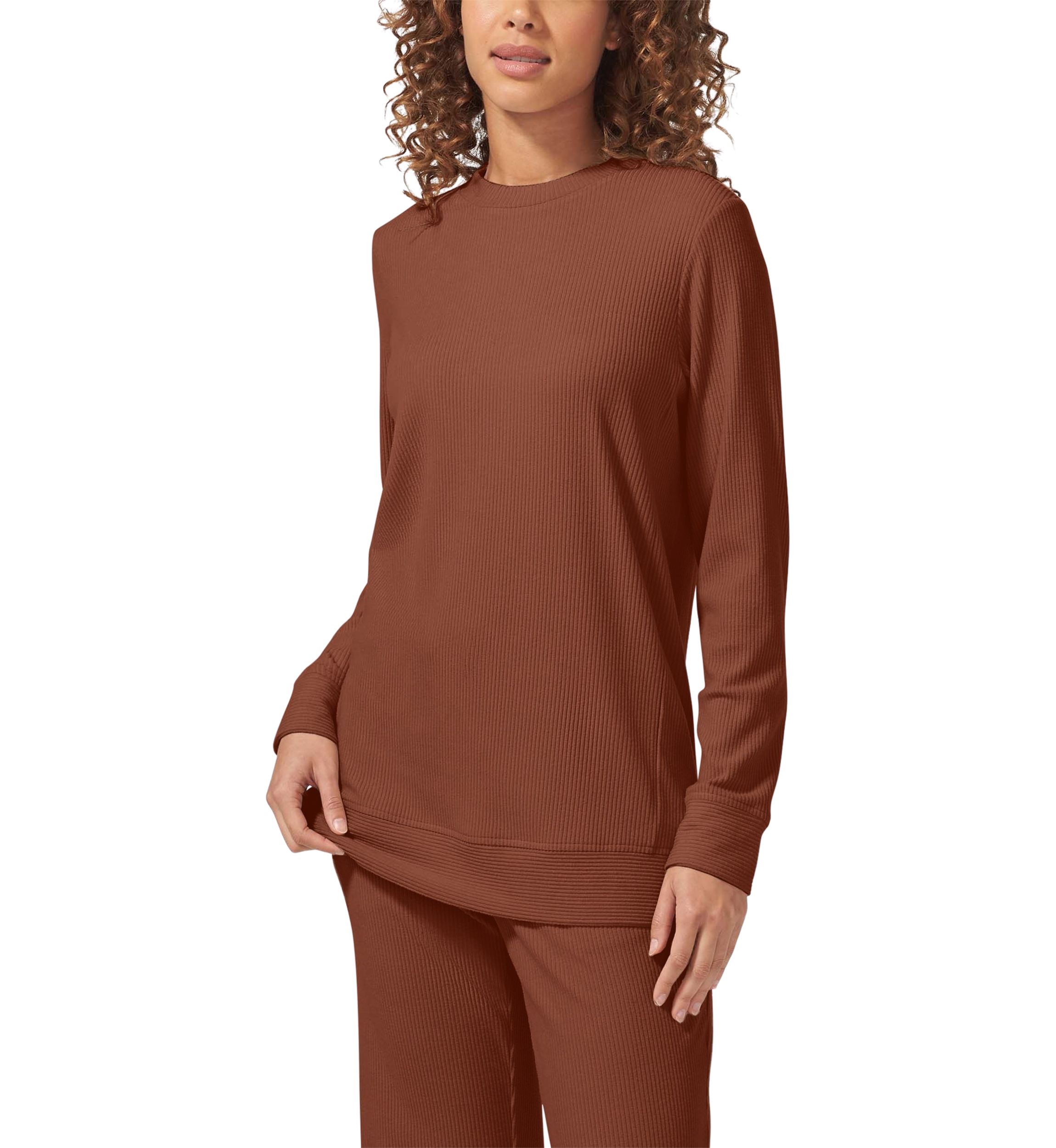 Womens Ribbed Long Sleeve Crew Neck Sleep Shirt