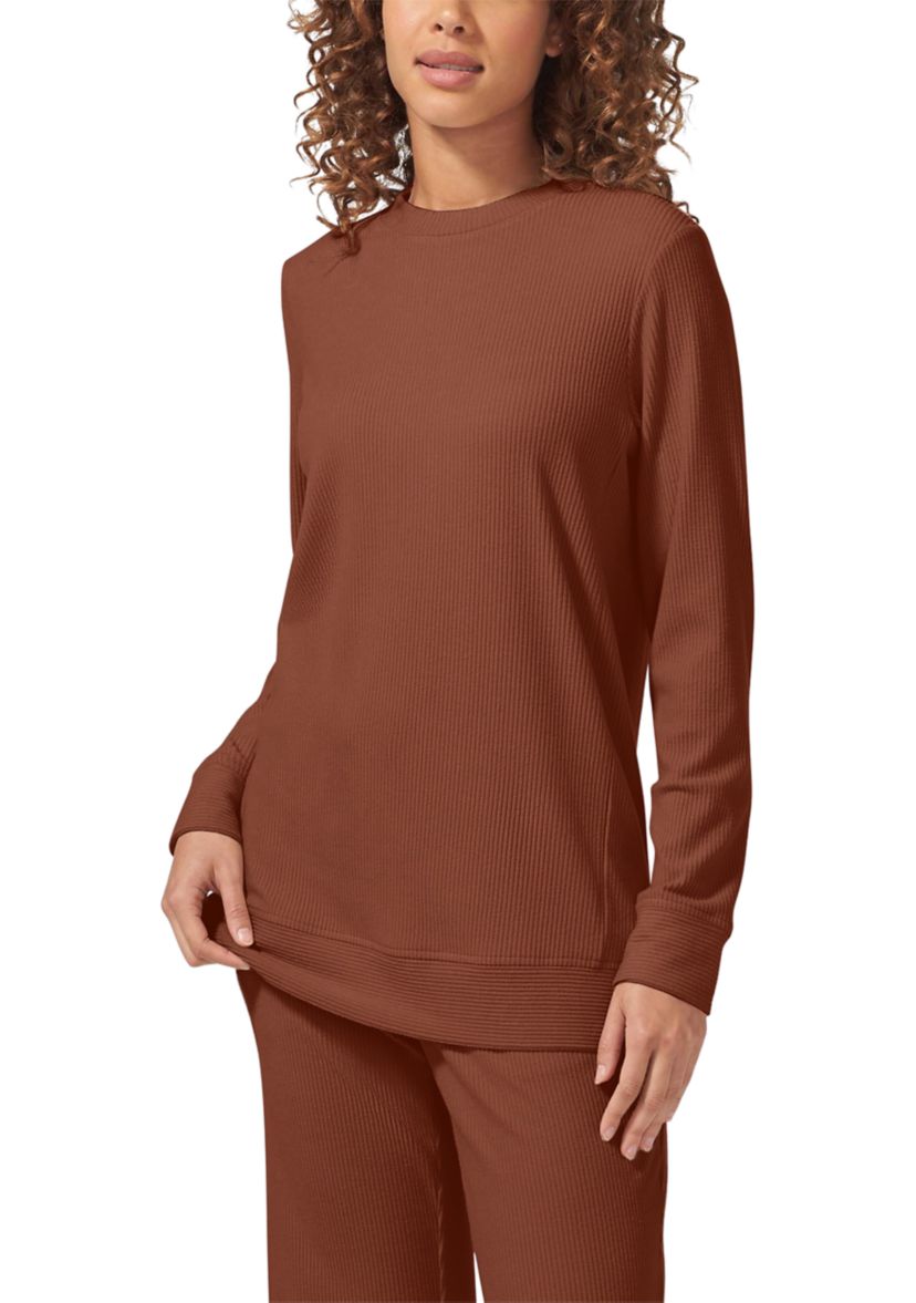 Womens Ribbed Long Sleeve Crew Neck Sleep Shirt