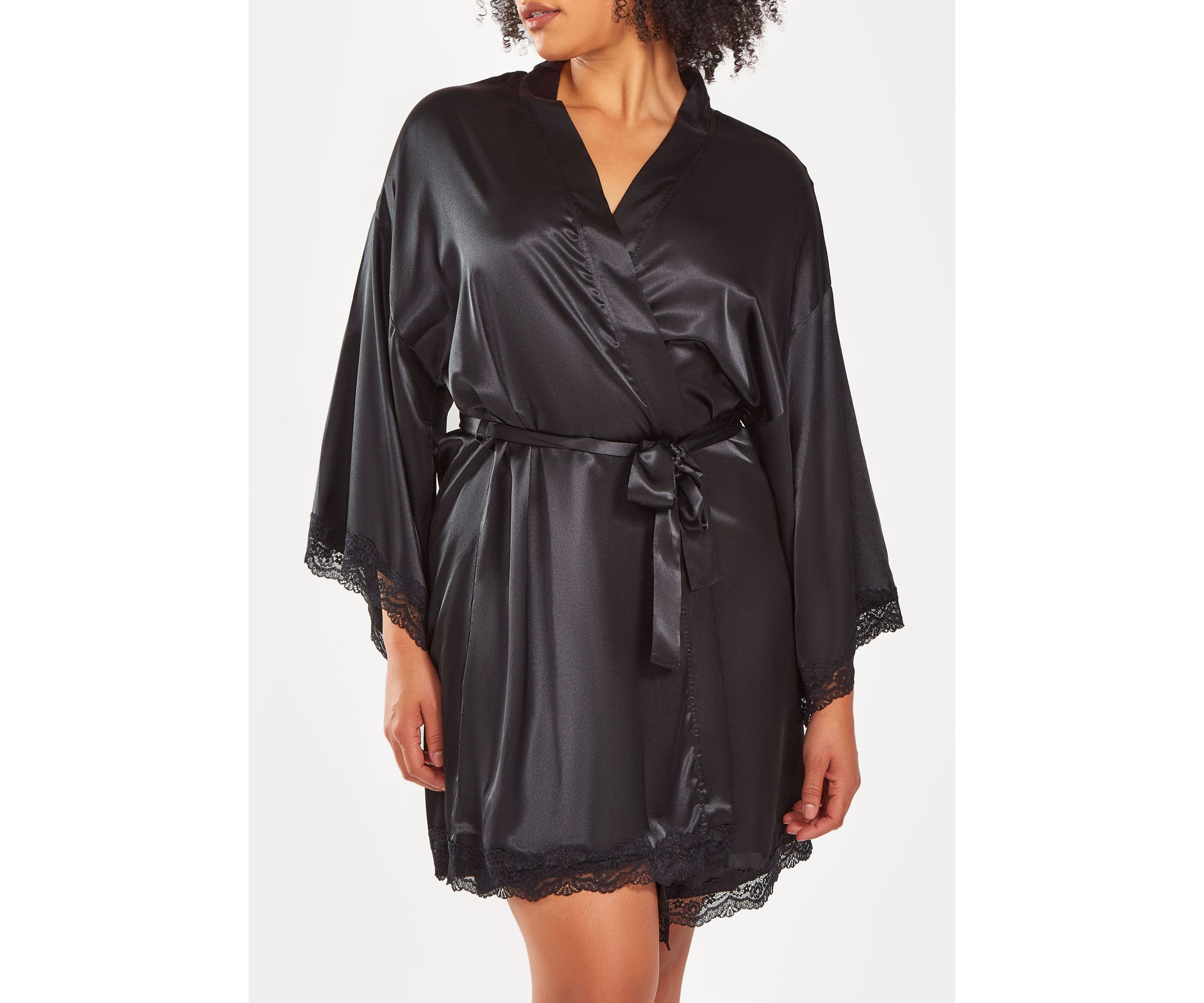 Womans Plus Size Silky Laced Trim Short Robe