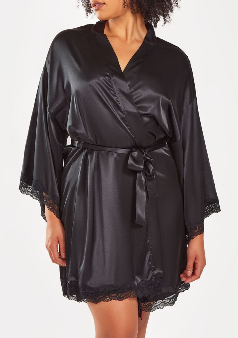 Womans Plus Size Silky Laced Trim Short Robe