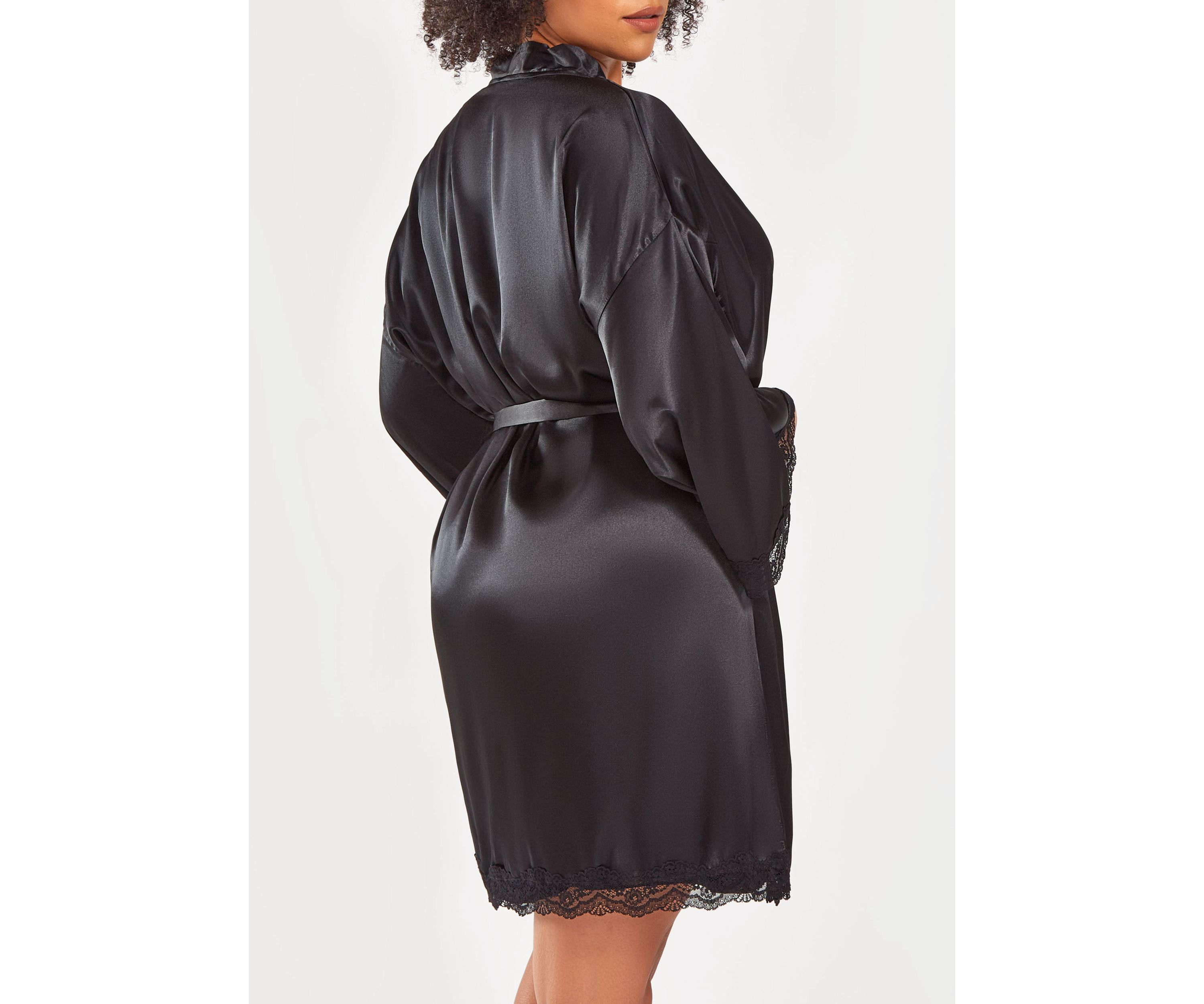 Womans Plus Size Silky Laced Trim Short Robe