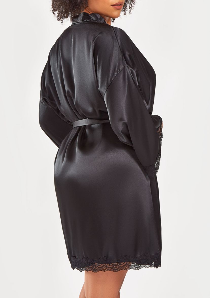 Womans Plus Size Silky Laced Trim Short Robe