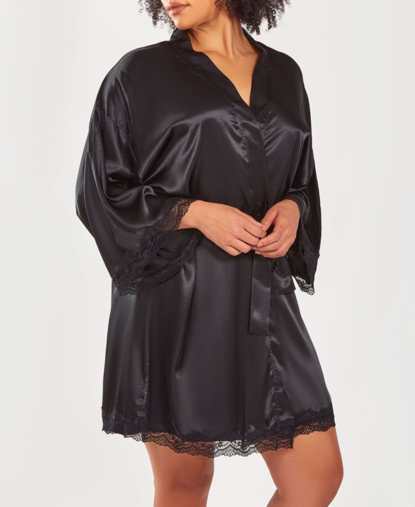 Womans Plus Size Silky Laced Trim Short Robe