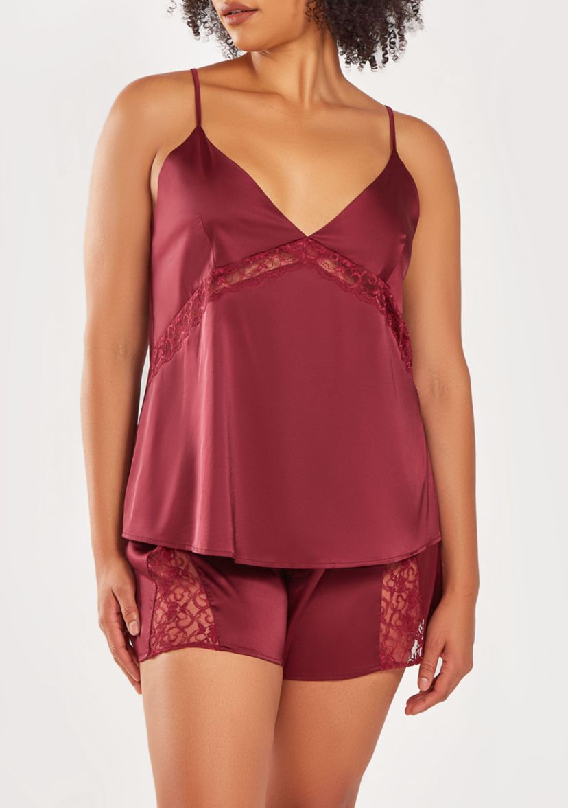 Womans Plus Size Silky Pajama Cami and Short Set In Lace Trims
