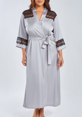 iCollection Women's Womans Plus Size Silky Stretch Satin Long Robe with Lace Trims