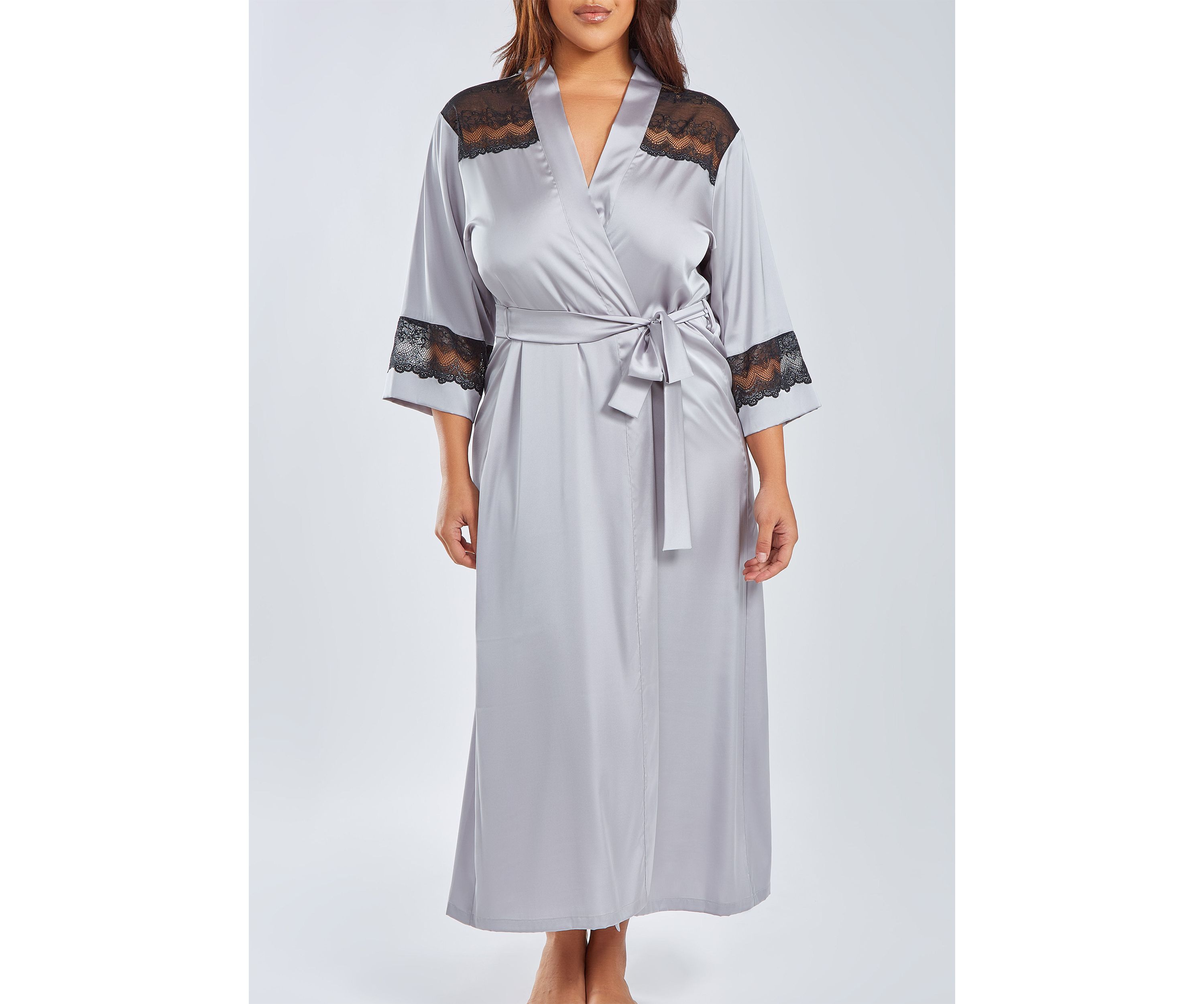 Womans Plus Size Silky Stretch Satin Long Robe with Lace Trims