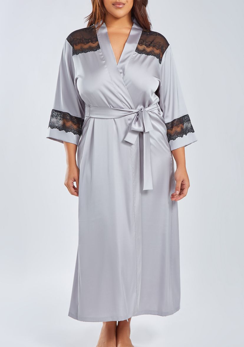 Womans Plus Size Silky Stretch Satin Long Robe with Lace Trims
