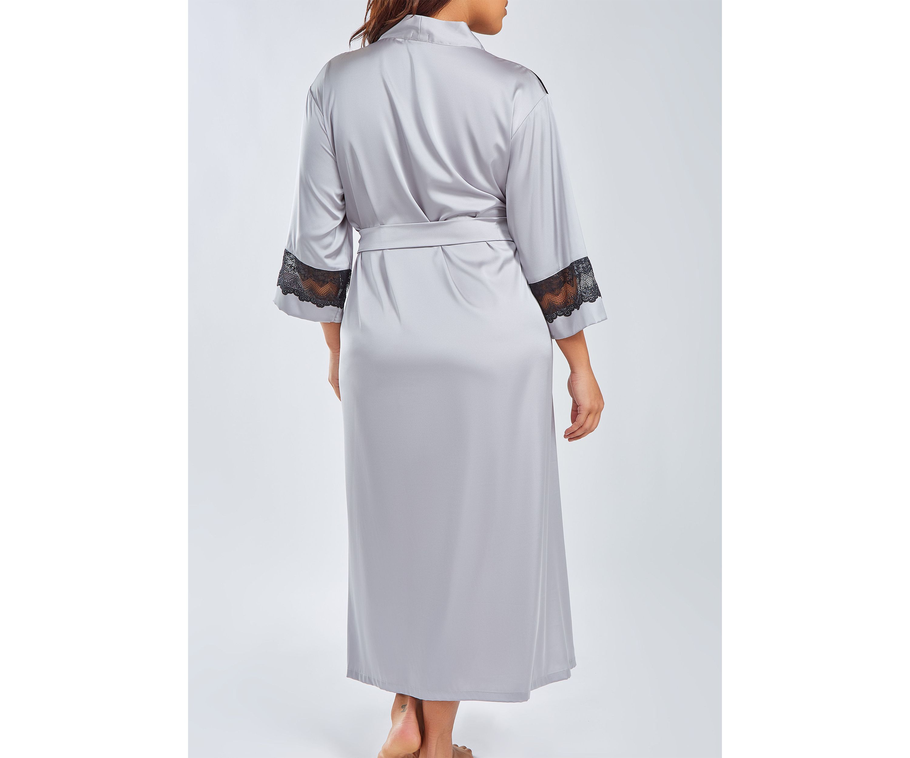 Womans Plus Size Silky Stretch Satin Long Robe with Lace Trims