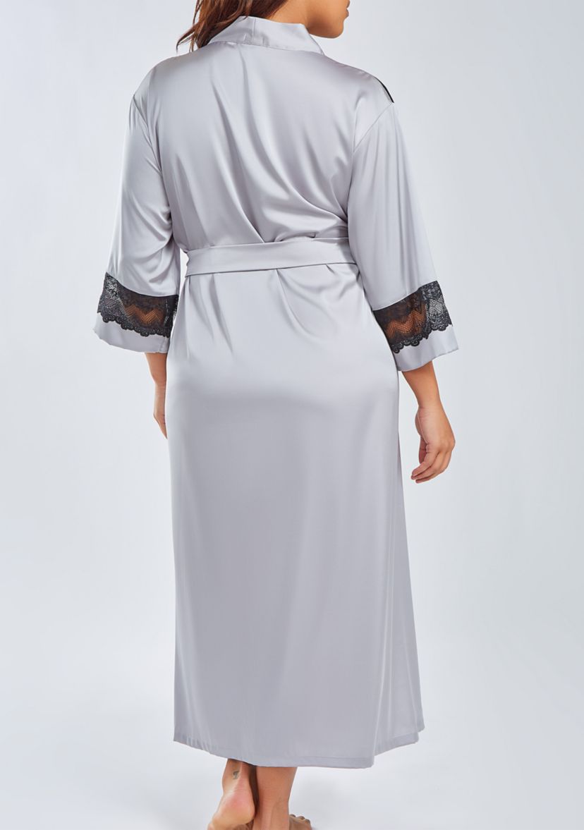 Womans Plus Size Silky Stretch Satin Long Robe with Lace Trims