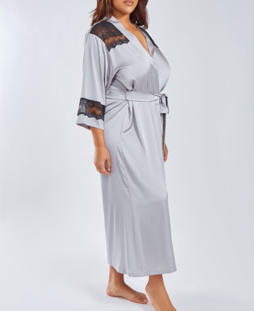 Womans Plus Size Silky Stretch Satin Long Robe with Lace Trims