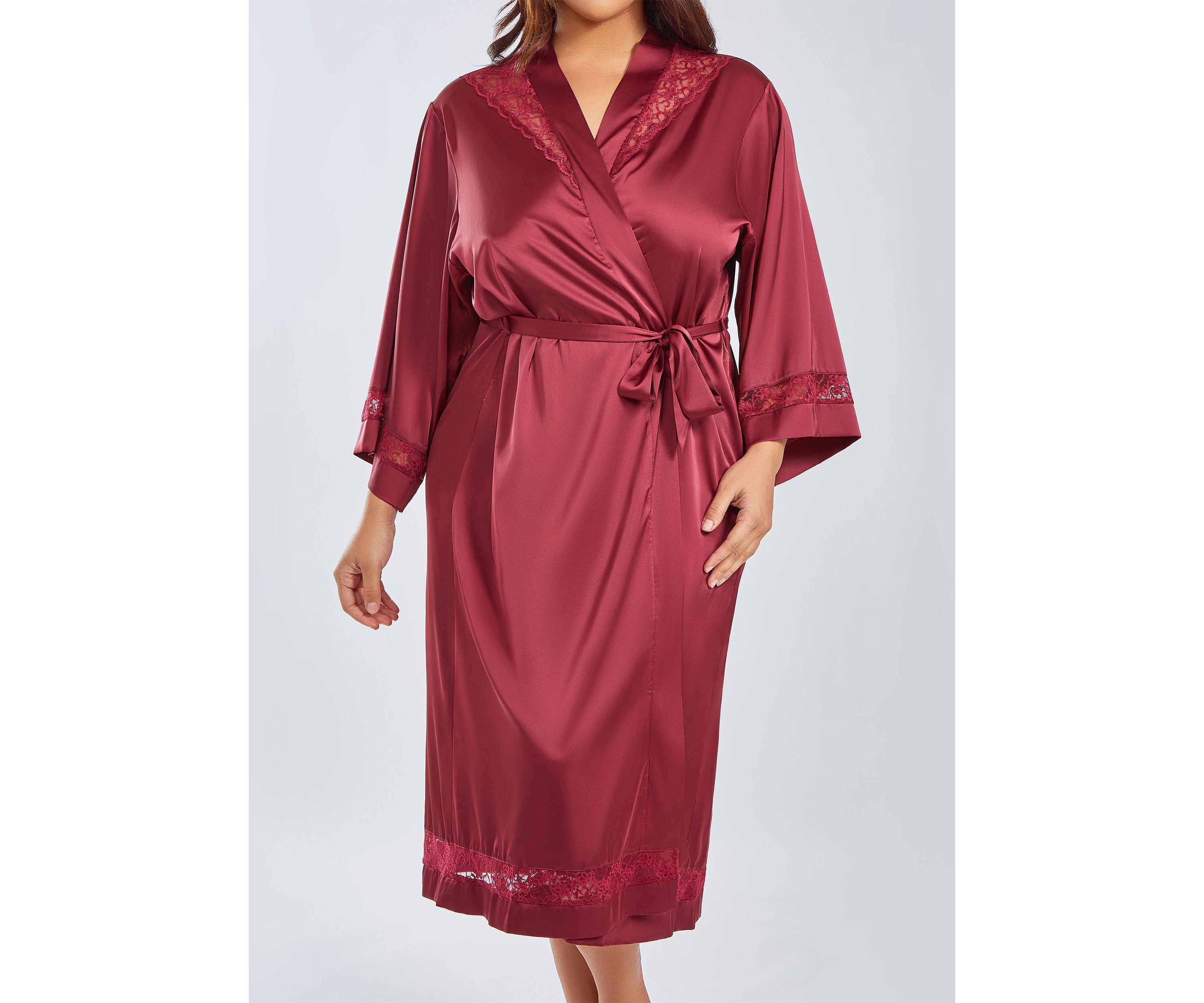 Womans Plus Size Silky Long Robe with Lace Trims