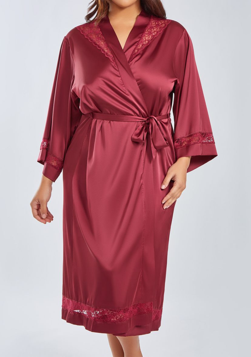 Womans Plus Size Silky Long Robe with Lace Trims