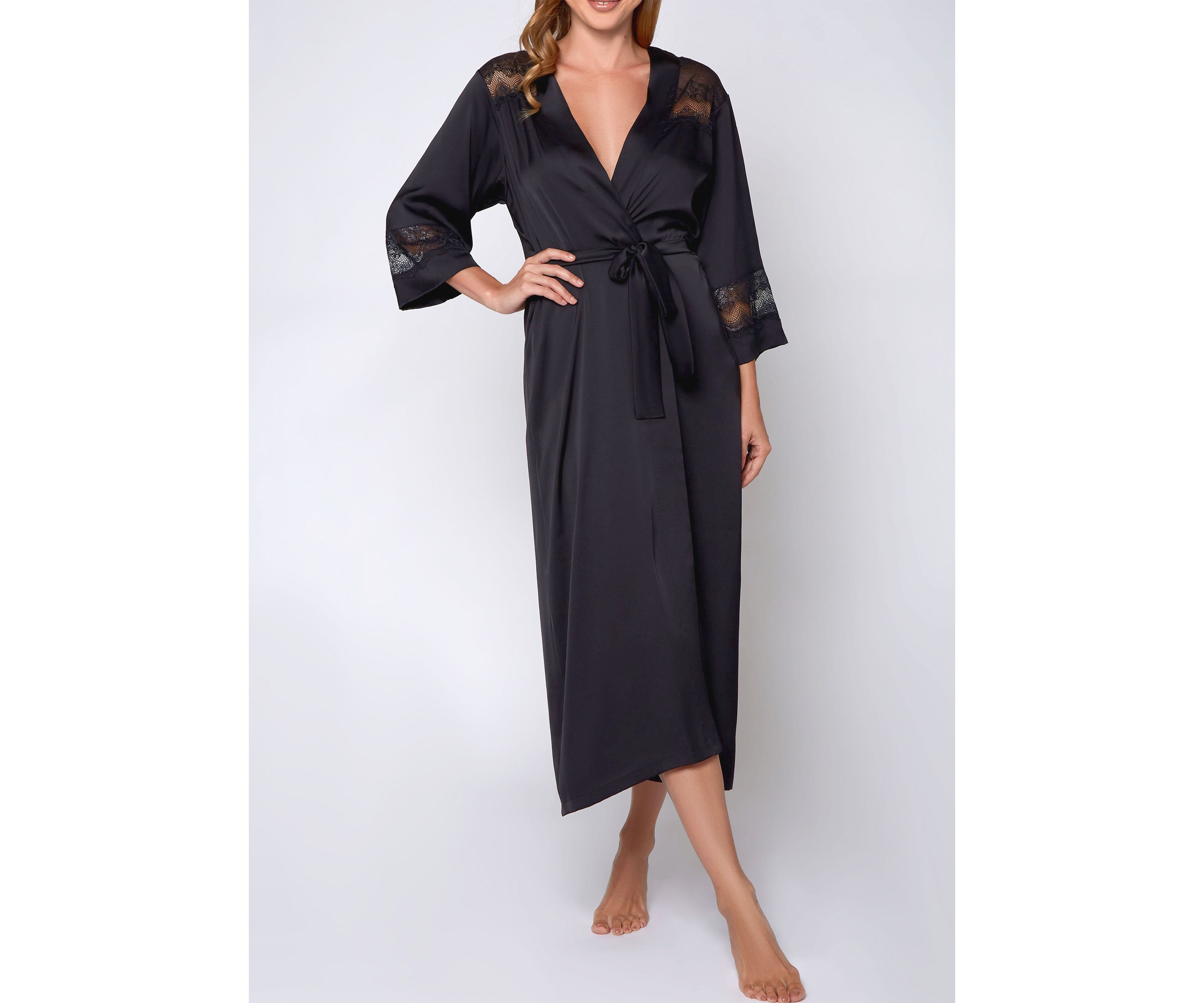 Womans Silky Stretch Satin Long Robe with Lace Trims