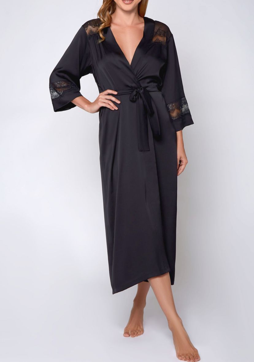 Womans Silky Stretch Satin Long Robe with Lace Trims