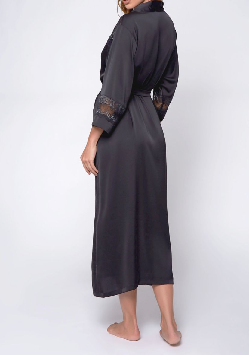 Womans Silky Stretch Satin Long Robe with Lace Trims