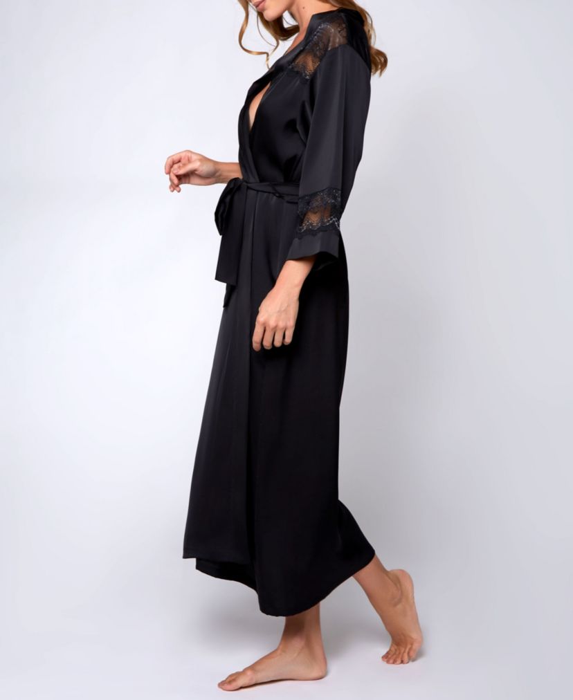 Womans Silky Stretch Satin Long Robe with Lace Trims