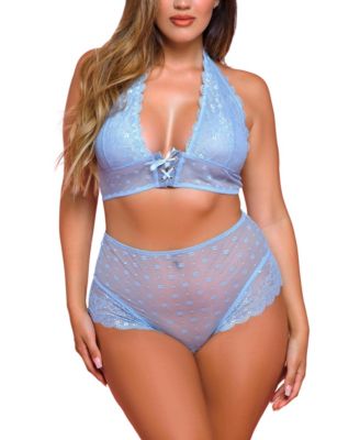 iCollection Women's Esme Plus Size 2 PC Daisy Mesh & Lace Up Intimate Halter Bralette Set, Blue, 3X