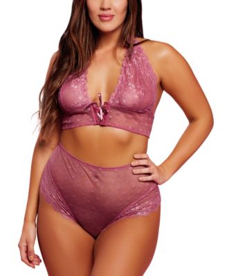 iCollection Women's Esme Plus Size 2 PC Daisy Mesh & Lace Up Intimate Halter Bralette Set