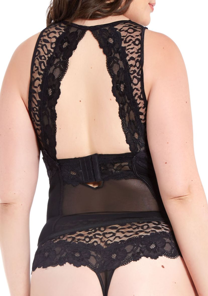 Plus Size Bella Floral Lace and Mesh Plunge Bodysuit