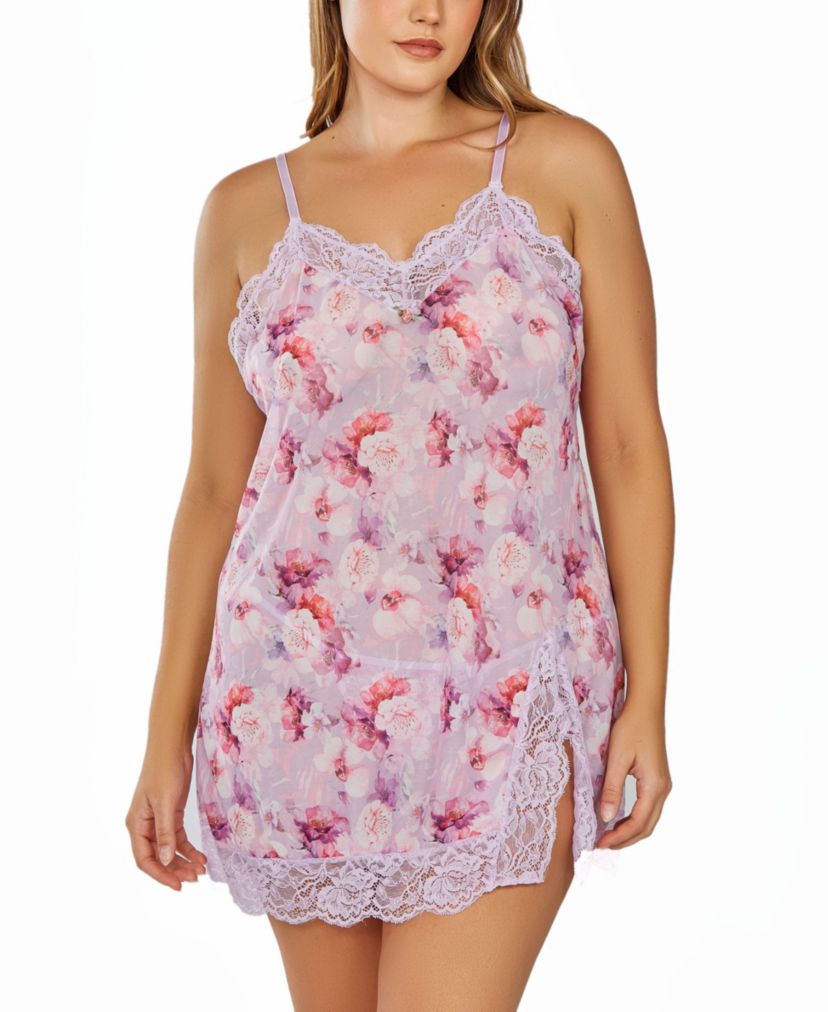 iCollection Womans Plus Sized 1PC Brushed Soft floral Chemise Trimmed in Elegant Lace and a front Lace slit
