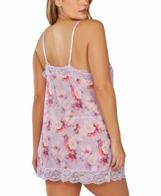 iCollection Woman's Plus Sized 1PC Brushed Soft floral Chemise Trimmed Elegant Lace and a front slit