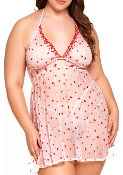 Plus Size Heart Mesh Babydoll with Tie Back