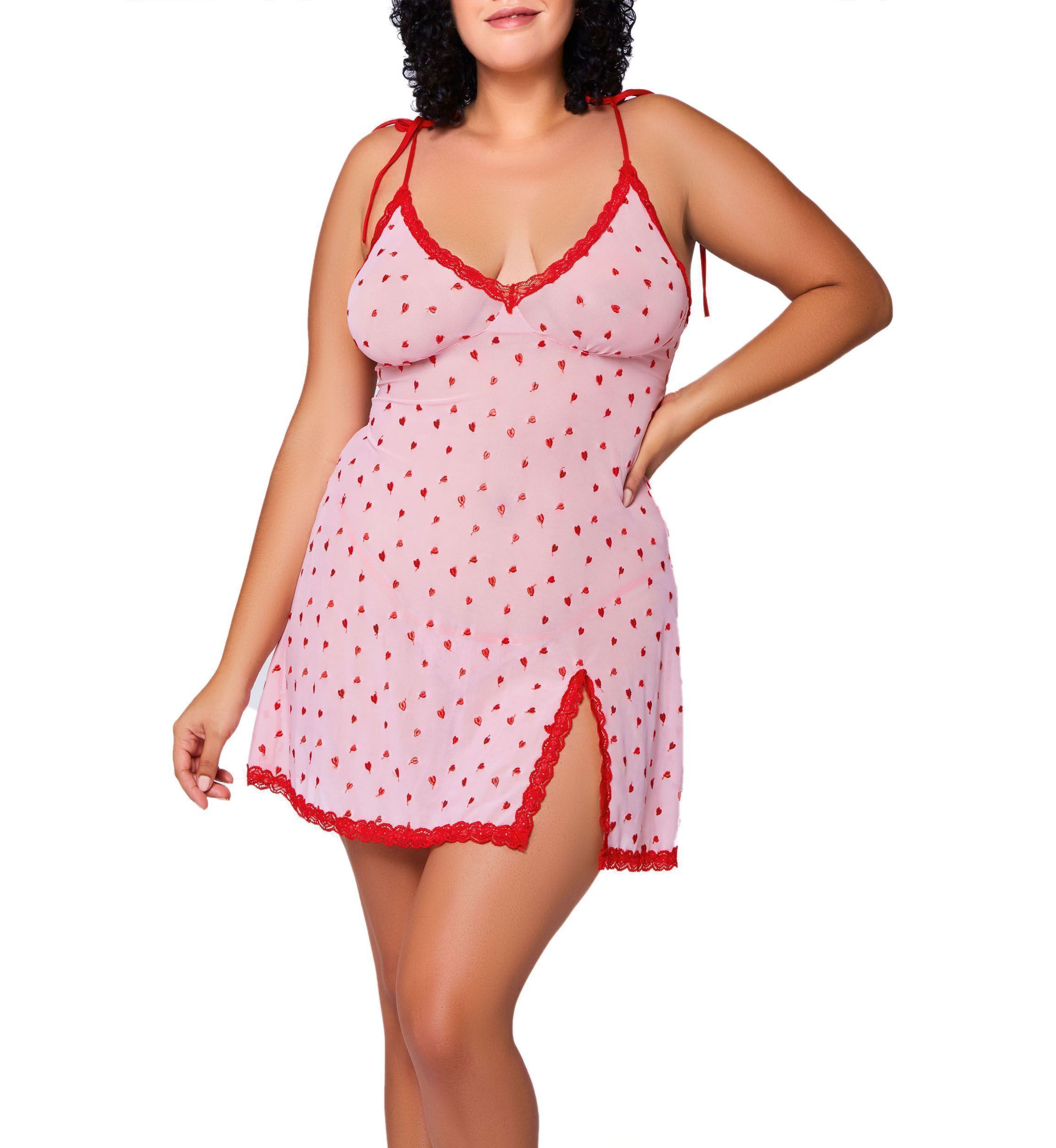 Clara Plus Size Soft-Cup Heart Embroidery Mesh Chemise and Matching Heart Panty/Thong
