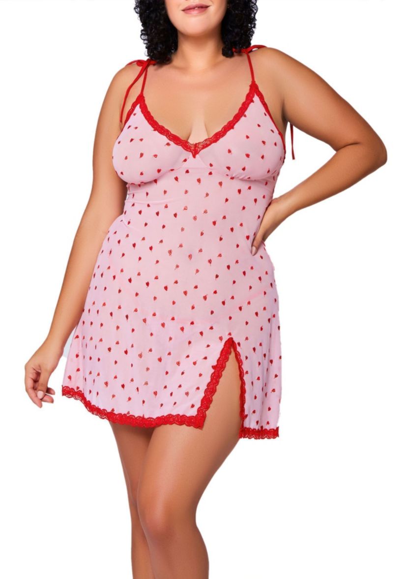 Clara Plus Size Soft-Cup Heart Embroidery Mesh Chemise and Matching Heart Panty/Thong