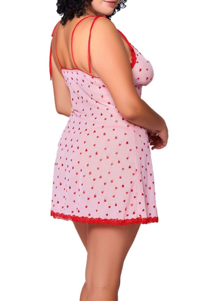 Clara Plus Size Soft-Cup Heart Embroidery Mesh Chemise and Matching Heart Panty/Thong