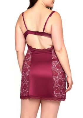 Sadie Plus Soft-Cup Mesh, Satin, & Lace Chemise Patterned with Panels and Stretch Satin