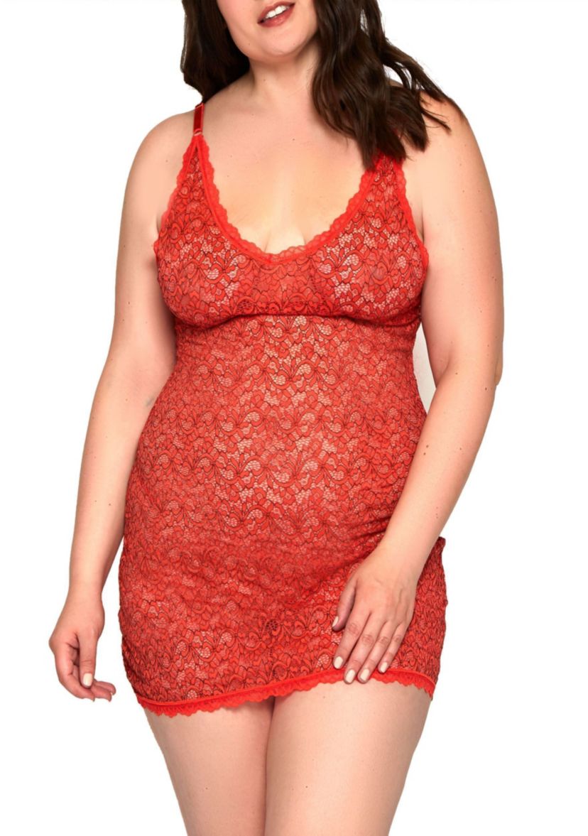 Evelyn Plus Size Allover Sheer Lace Chemise W/ Lace Trim, Adjustable Straps and Matching Lace Thong