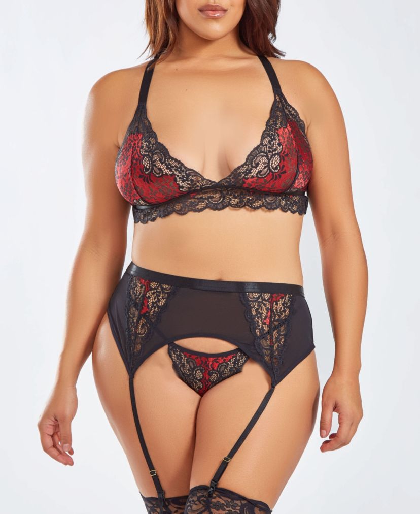 iCollection Womans Plus Size Lace  3pc Bra ,Garter Skirt and Panty Lingerie Set