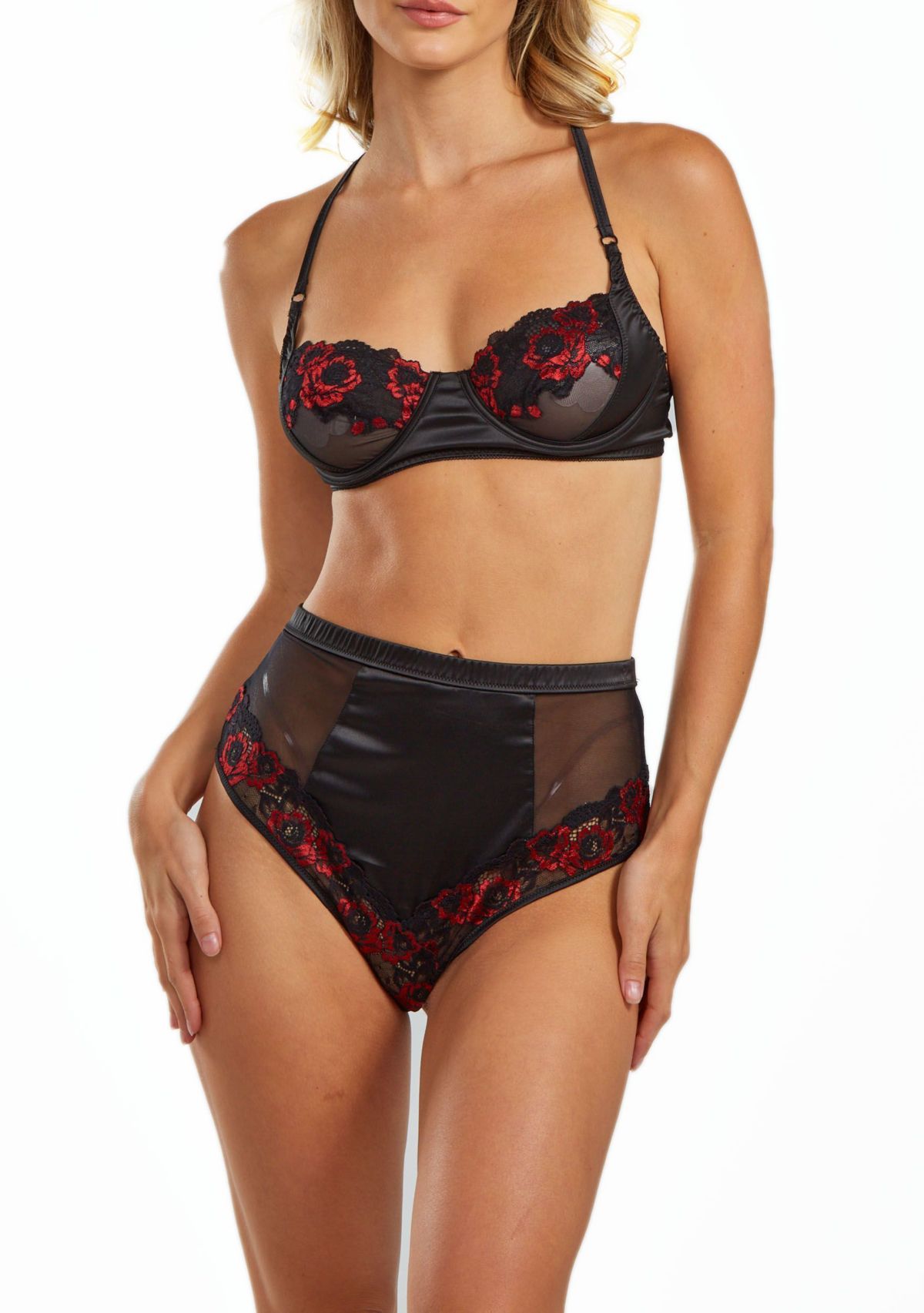 Womens 2PC Red Floral Embroidered Underwire Bra and High Waist panty Lingerie Set