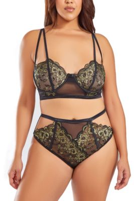 iCollection Women's Plus Size 2PC Underwire Gold Laced Bralette and Panty Lingerie set