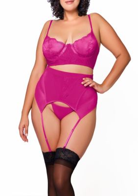 Leona Plus 3 PC Satin, Mesh, & Lace BraSet with full Garter skirt, Sewn Garters and Adjustable Straps