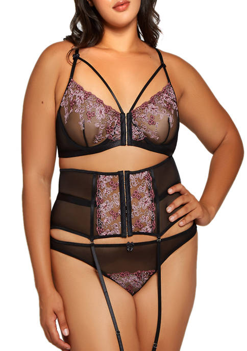 iCollection Plus Size 3-Piece Embroidered Mesh Lace Bra