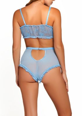 Sharon 2PC Lace & Mesh Hi Waist Set a Bandeau Style with Ruffle Trim, Adjustable Straps and Keyhole back Panty Silver Clasp