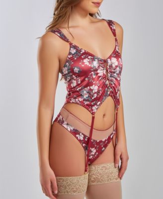 Sadie 2PC Button up Ruched Micro Floral  Garter Corset and Panty Set
