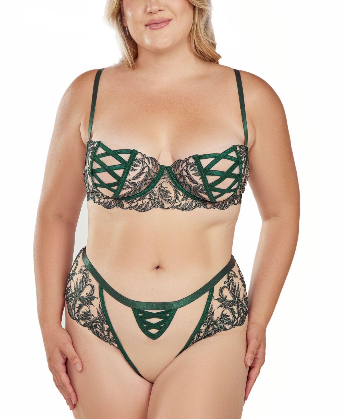 Womens Plus Size 2PC Embroidered Mesh Underwire Bra and Panty Lingerie Set
