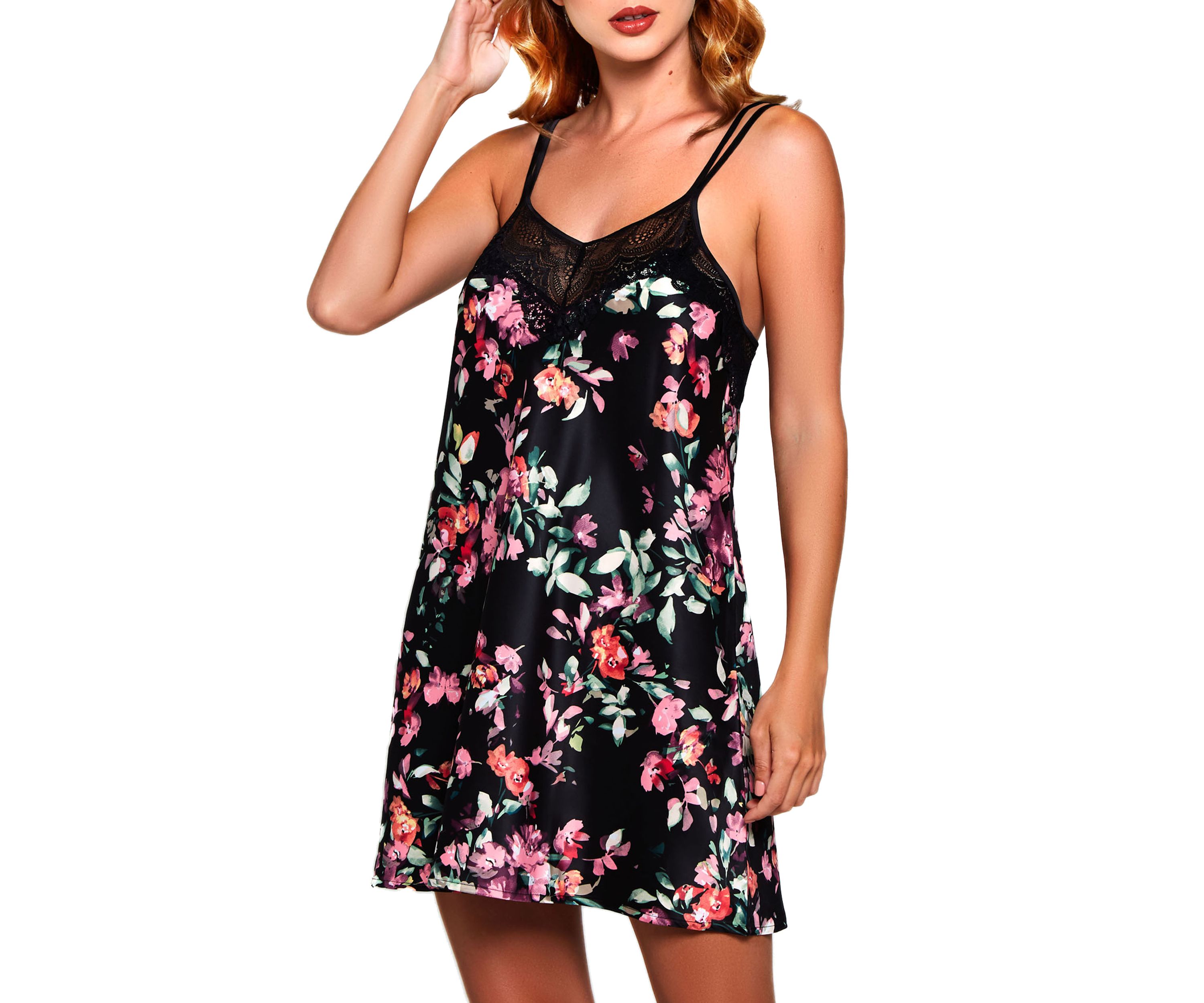 Satin Print Sleep Chemise with Lace