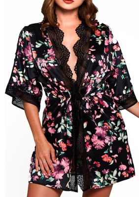 Plus Front Tie Satin Print Robe with Lace