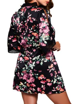 Plus Front Tie Satin Print Robe with Lace