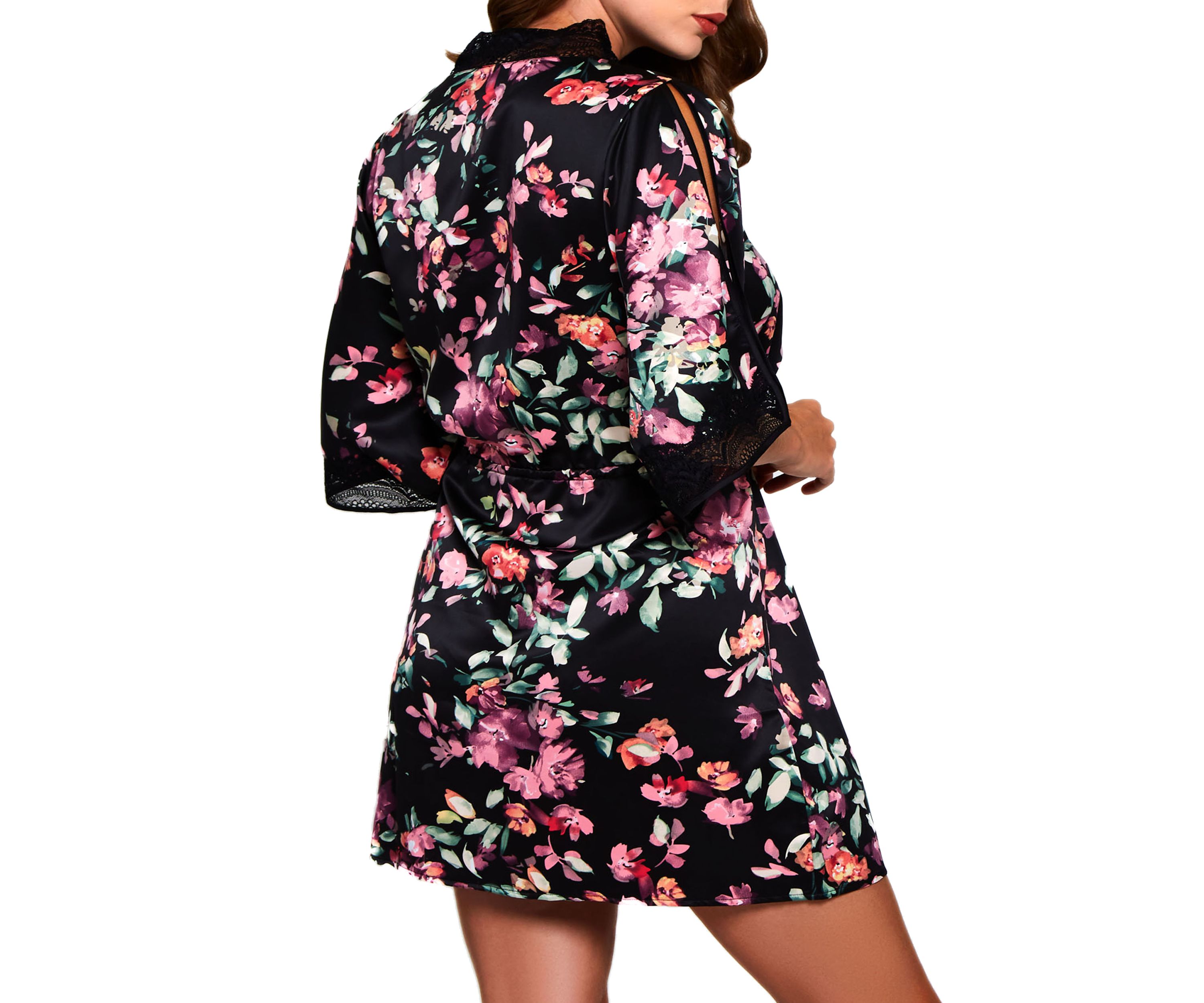 Plus Size Front Tie Satin Print Robe with Lace