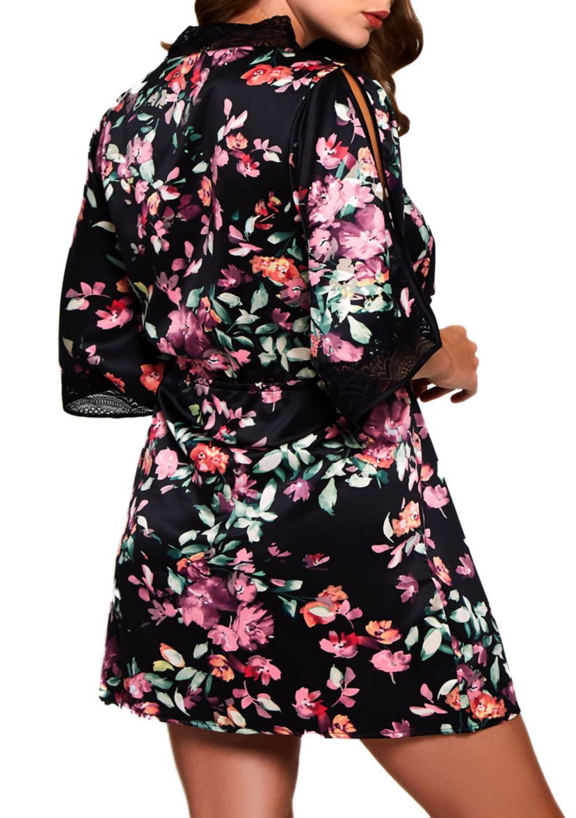 Plus Size Front Tie Satin Print Robe with Lace