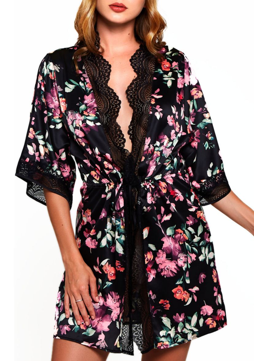 Front Tie Satin Print Robe with Lace