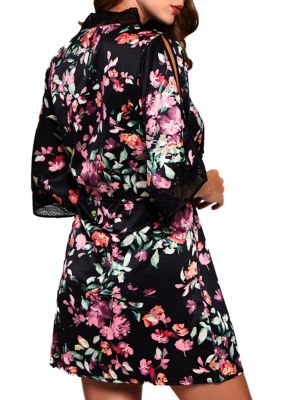 Front Tie Satin Print Robe with Lace