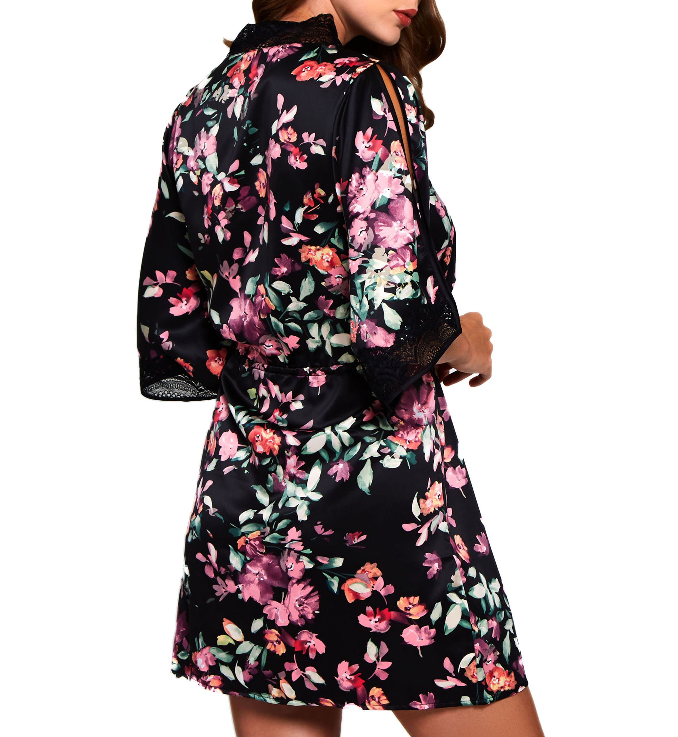 Front Tie Satin Print Robe with Lace