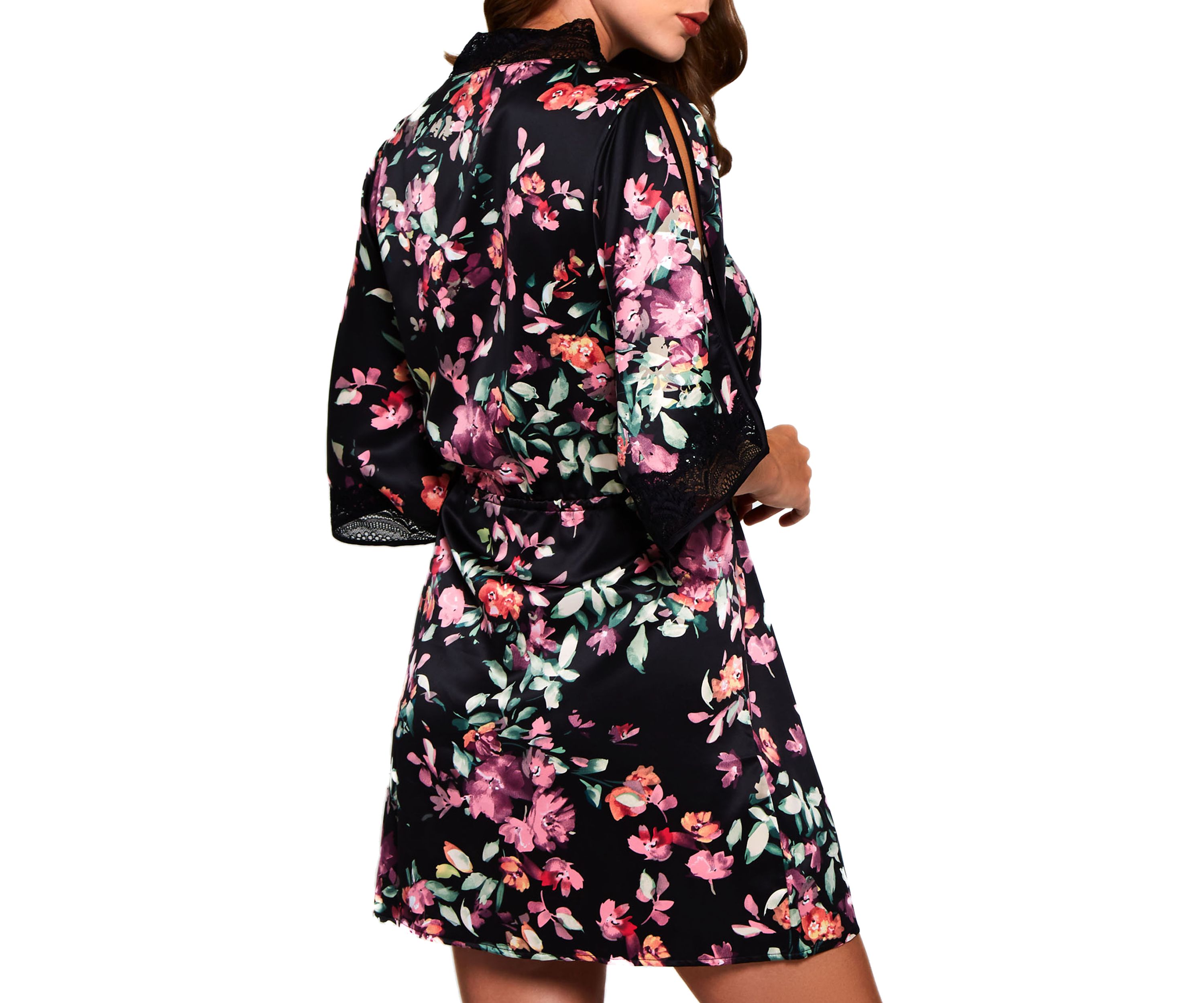 Front Tie Satin Print Robe with Lace