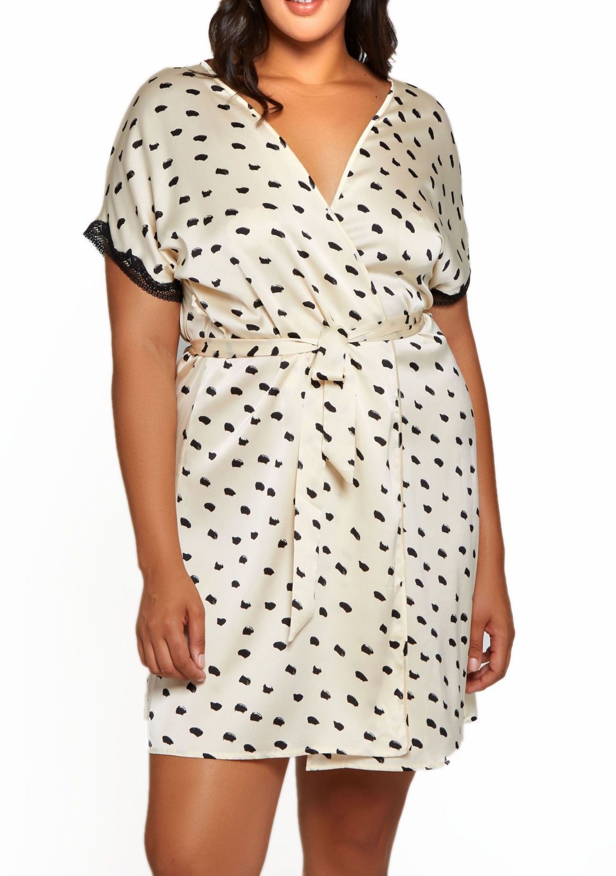 Ameil Plus Size Dotted Satin Cap Sleeve Robe Trimmed in Soft Lace with Looped Self Tie Sash and Inner Ties